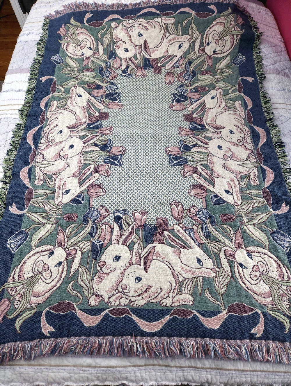 1992 MWW Bunny Rabbits Tulips Green Blue Floral Tapestry Cotton Throw Blanket